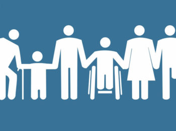 imagem representando o LOAS, pessoas com deficiência, idosos, cadeirantes. Pessoas segurando a mão uma da outra, em sinal de união.