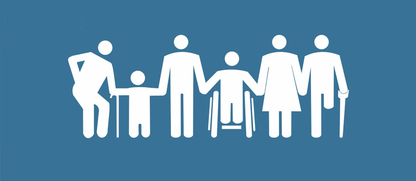 imagem representando o LOAS, pessoas com deficiência, idosos, cadeirantes. Pessoas segurando a mão uma da outra, em sinal de união. Imagem com fundo azul, com o desenho na cor branca.