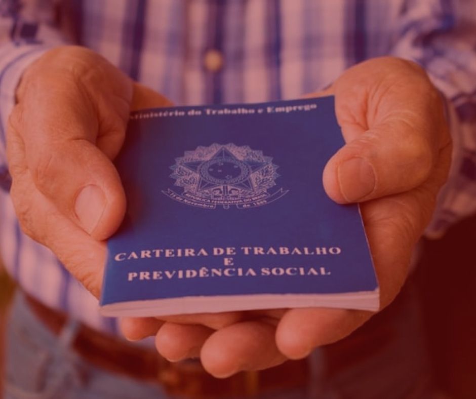 #pratodosverem: artigo: seguro-desemprego. Na foto uma pessoa segurando a carteira de trabalho. Cores na imagem: azul, branco, marrom, dourado. 